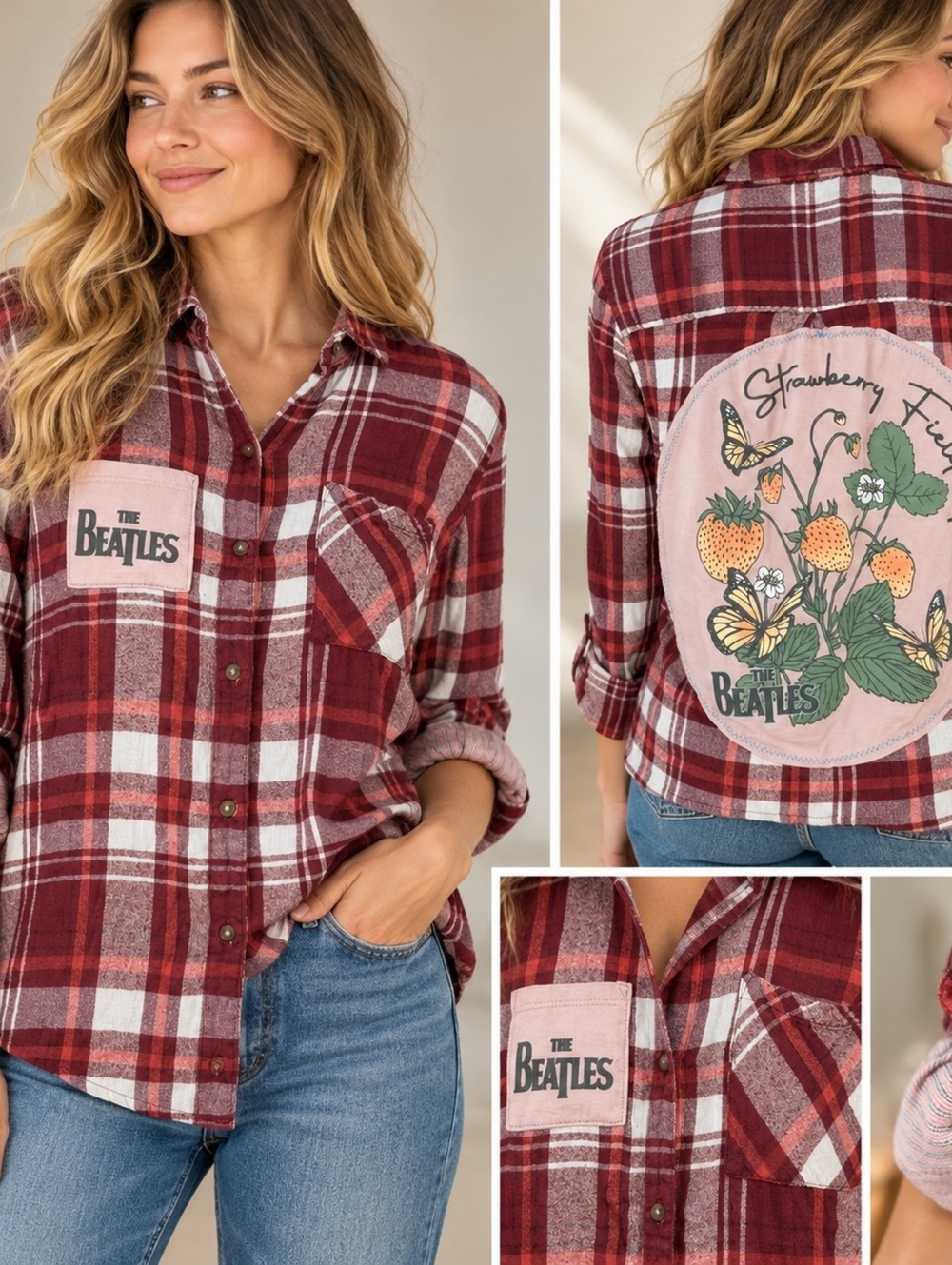 Upcycled Lucky Brand Beatles Strawberry Fields Plaid Shirt Size M